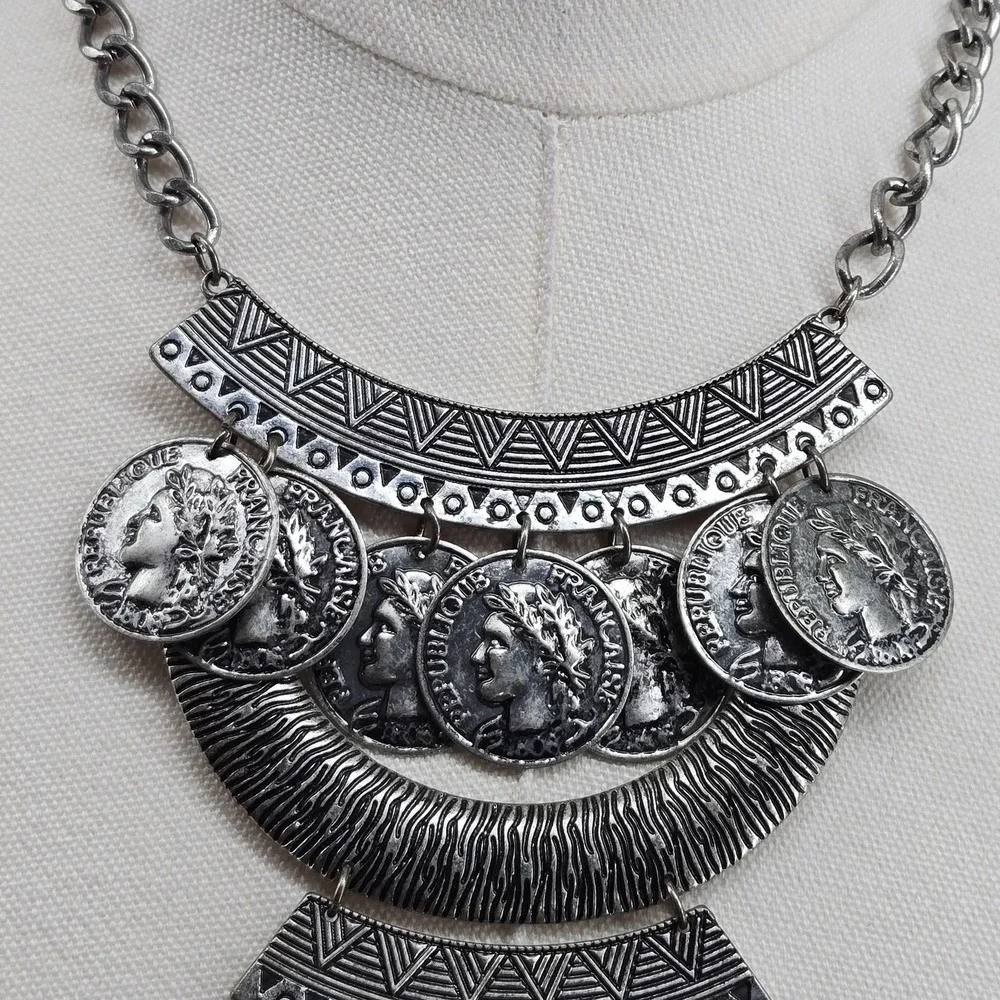 Custom Jewelry Silver Bib Statement Fringe Necklace Womens Bohemian‎ Ethnic